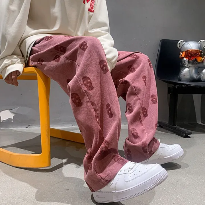 American-StylevibePants High Street TideinsFashion Pink Overalls Men's Straight West CoastoldschoolPants