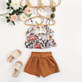 Kid Girl Short Pants Outfits, Floral Printed Ruffles Hem Sling Tops+ Elastic Solid Color Shorts Simple Style Set. 