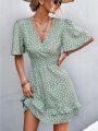 V Neck Mini Dress For Women Fashion Floral Slim Short Dresses Female Lotus Leaf Sleeve Elegant Dress Summer Vestido Mujer. 