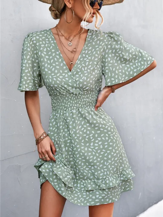 V%20Neck%20Mini%20Dress%20For%20Women%20Fashion%20Floral%20Slim%20Short%20Dresses%20Female%20Lotus%20Leaf%20Sleeve%20Elegant%20Dress%20Summer%20Vestido%20Mujer%20-%20Image%202