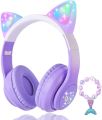STN-28 Over Ear Music Headset Glowing Cat Ear Headphones Foldable Wireless BT5.0 Earphone with Mic AUX in TF Card MP3 Player Colorful LED Lights for PC Laptop Computer Mobile Phone.
