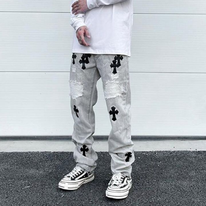 Ripped Washed Straight Pu Leather Cross Embrodiery Frayed