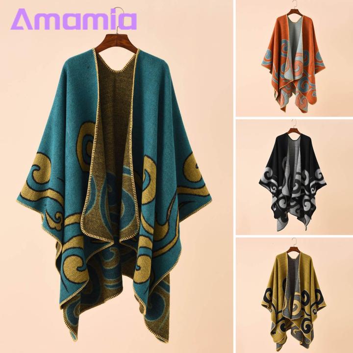 Amamia Women Autumn Cape Irregular Hem Contrast Color Fall Poncho