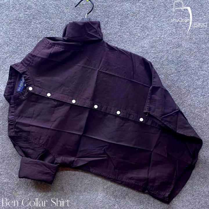 Shuqran Black Cotton Ben Collar Casual Shirt For Men