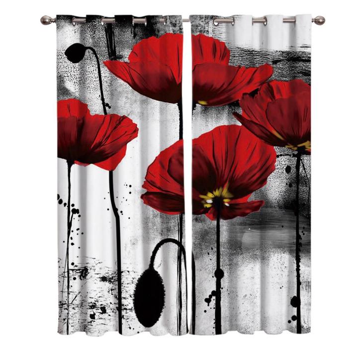 Ink Painting Red Flower Poppy Curtains Living Room Curtains Kids Room Kitchen Indoor Floral Curtain Panels With Grommets Valance