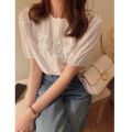 French Style Temperament Lace Collar Puff Sleeve Short Sleeve Shirt for Women Summer New High-Grade Chic Blue Gentle Top. 