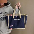 Personalised Contrast Canvas Tote Bag Custom Embroidered Large Capacity Shoulder Bag Outdoors Portable Bento Bag Gift. 