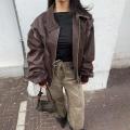 Red Zipper Leather Jacket Women Casual Long Sleeve Lapel Cropped Coat Autumn New Lady Vintage Fashion Tops Outerwear.