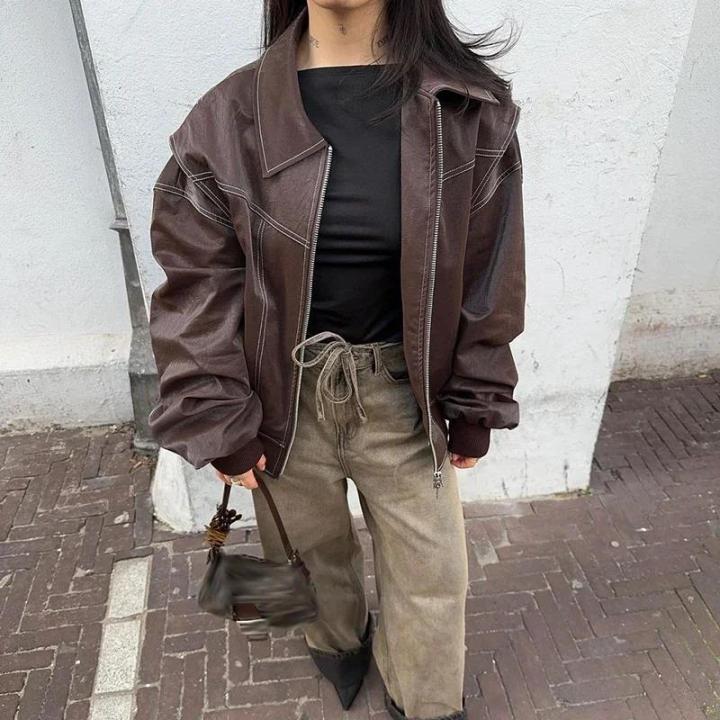Red Zipper Leather Jacket Women Casual Long Sleeve Lapel Cropped Coat Autumn New Lady Vintage Fashion Tops Outerwear