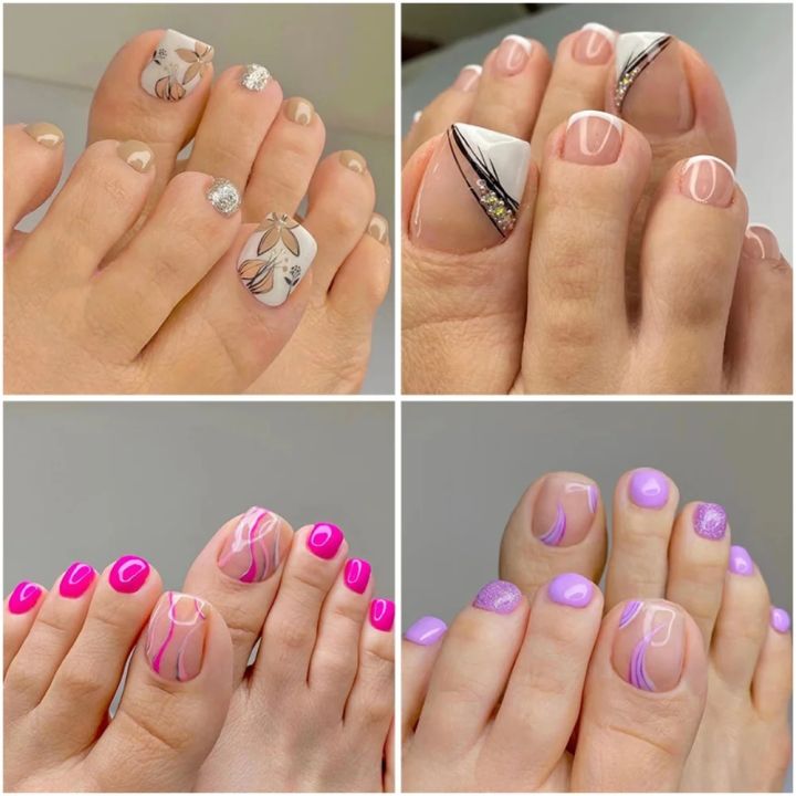 24P Toenails With Glue French Line Glitter False Toe Nails Art Detachable Press On Toenails Acrylic Butterfly ToeNails Tips