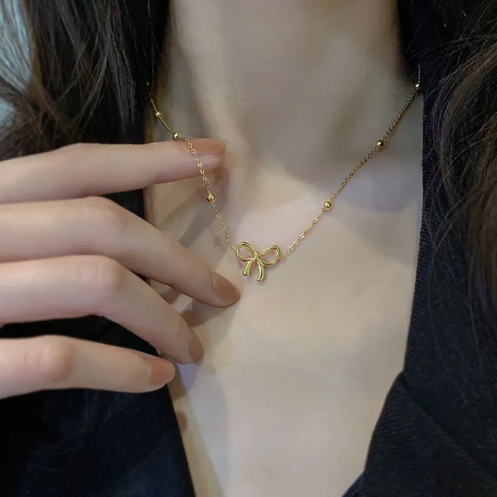 Stainless%20Steel%2018K%20Gold%20Plated%20Ribbon%20Bow%20Necklace%20Bowknot%20Choker%20Necklace%20Bracelet%20Gifts%20for%20Women%20Girls%20Fashion%20Jewelry%20-%20Image%204