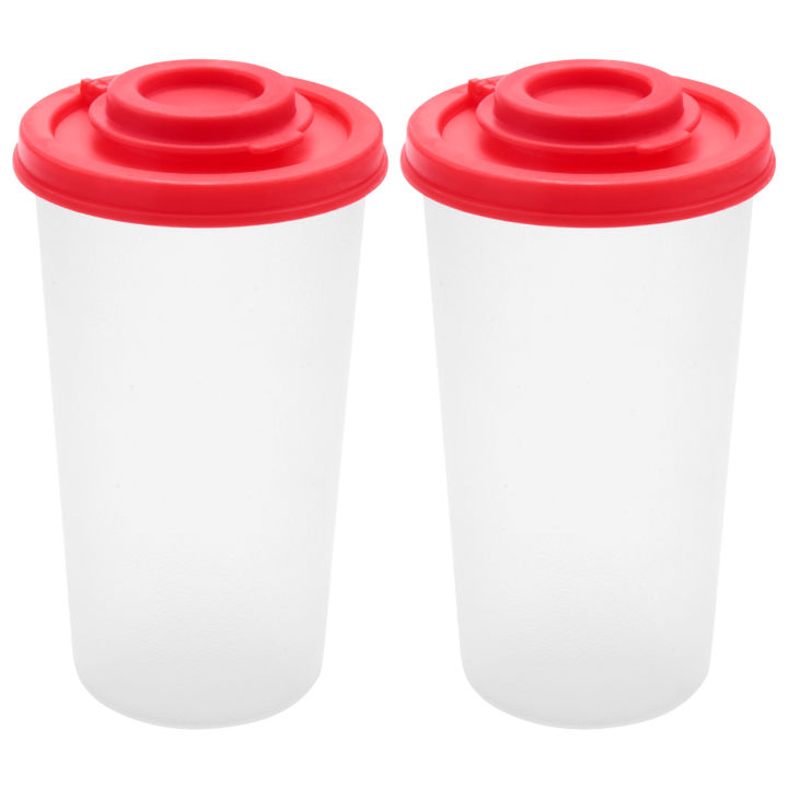 2 Large Salt and Pepper Shakers with Red Covers Lids Jar Dispenser