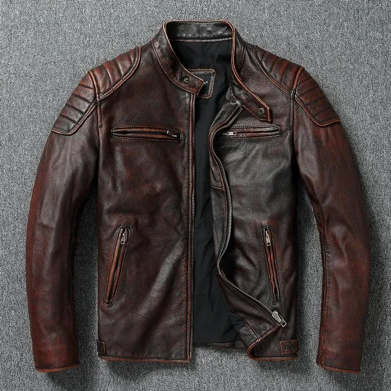 Vintage Red Brown Men Leather Jacket 100% Cowhide Jackets Slim Fit