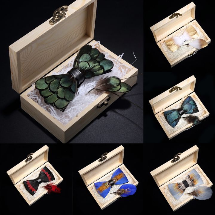 KAMBERFT%20design%20handmade%20feather%20bow%20tie%20brooch%20wooden%20box%20set%20high%20quality%20men's%20bowtie%20leather%20tie%20for%20wedding%20party%20banquet%20-%20Image%203