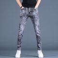 Spring Autumn Boyfriend Long Skinny Jeans Man Korean Fashion Designer Kpop Punk Star Print Denim Luxury Stretch Tight Pants Men.