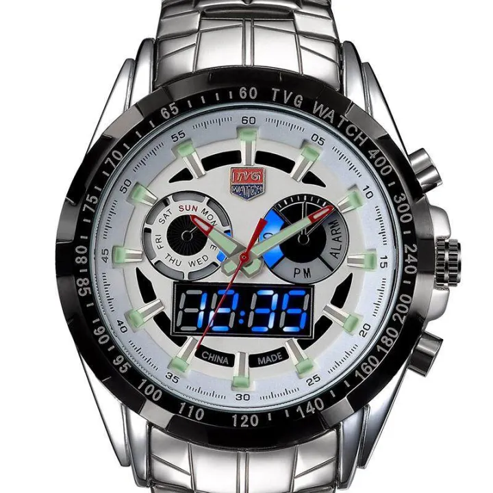 TVG watches genuine double display multifunction Mens Stainless steel waterproof luminous quartz watch male Mens Watch