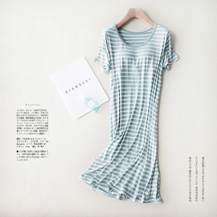modal%20short%20sleeve%20long%20skirt%20pajamas%20with%20bra%20pads%20striped%20loose%20thin%20plus%20size%20home%20dress%20women's%20summer%20home%20-%20Image%205