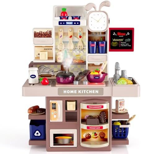 Kitchen Playset Toy with Realistic Steam and Lights, Smoge, Role Playing Game Pretend Food and Cooking Playset,37 PCS Mini Kitchen Accessories Set for 3 4 5 Years Old Girls Boys,