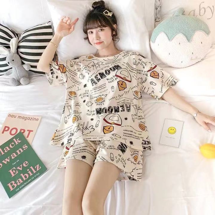 Style%20Pajamas%20Women's%20Summer%20Short%20Sleeve%20Shorts%20Two%20Piece%20Suit%20Thin%20Student%20Spring%20Summer%20Net%20Red%20Home%20Clothes%20-%20Image%202
