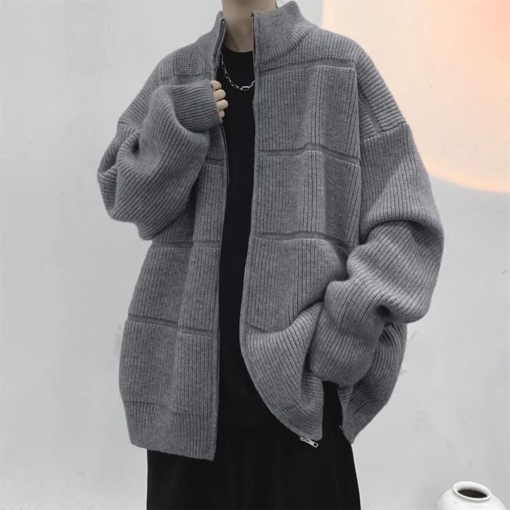 Japanese Zipper Knitted Cardigan Coat Autumn/winter Solid High Neck Sweater Male Lazy Style Loose Knitwear Men's Winter Clothes