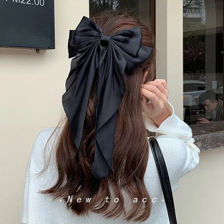 Korean Style Solid Color Big Large Satin Bow Hair Clips For Girls Women Long Ribbon Hair Accessories Daraz .bd