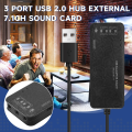 3 Port Usb 2.0 Hub External 7.1Ch Sound Card Headset Microphone Adapter For Pc.