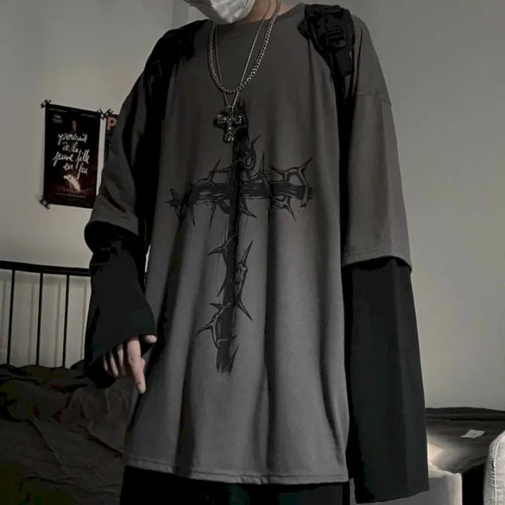 T-shirt%20Cross%20of%20Ts%20fake%20two-piece%20for%20men%20women%20long-sleeved%20dark%20-hop%20loose%20large%20size%20autumn%20trend%20top%20Simplicity%20-%20Image%203
