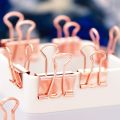 Rose Gold Desk Organizer Set – Dovetail Binder Clips, Push Pins & Paper Clips with Clear Box for Office, School & Home.
