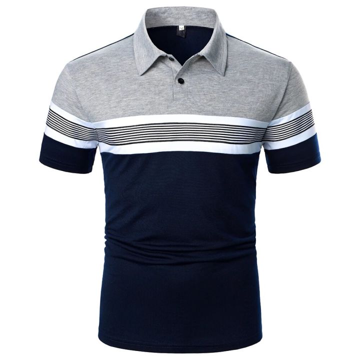 Men%20Short%20Sleeve%20Polo%20Shirt%20Casual%20Top%20Contrast%20Color%20Design%20Striped%20Ribbon%20Decoration%20Summer%20Fashion%20Men%20Polo%20Shirt%20-%20Image%202