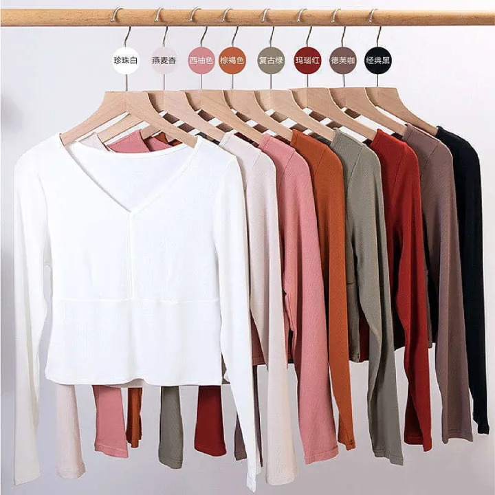 Uniqlo%20Spring%20Summer%20Autumn%20Collection%20Interior%20and%20Exterior%20Slim%20fit%20Women's%20Solid%20Color%20Short%20T%20shirt%20V%20neck%20Long%20Sleeve%20Bottom%20Shirt%20-%20Image%204