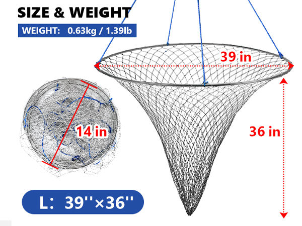 Bridge Pier Fishing Net Foldable Drop Net for Pier Fishing with Rope Landing Net with Durable Soft Steel Hoop and Nylon Mesh Net