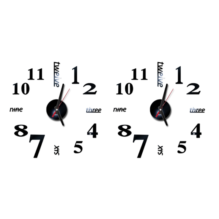 PDTYMWNG 2X 3D DIY Wall Clock Modern Design Large Acrylic Clocks Home Sticker Room Decor Clock Numbers-Black