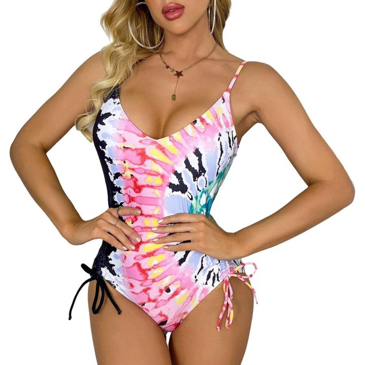 Women's Summer Slim Romper Swimwear Sleeveless V Neck Tie Dye Print Bathing Suit