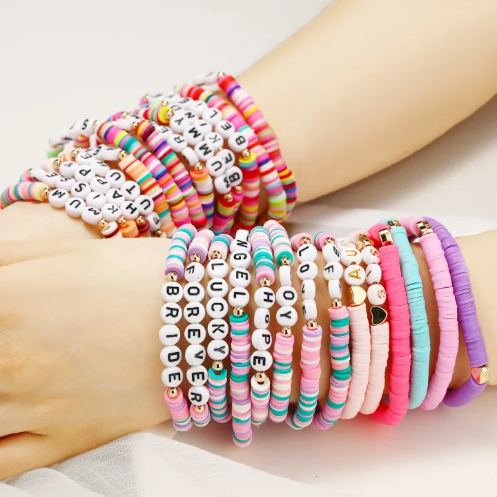 Boho%20custom%20polymer%20clay%20beads%20motivational%20bracelets%20Love%20Blessed%20name%20words%20stretch%20bracelet%20for%20women%20-%20Image%205