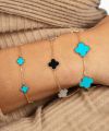 Jietao Stainless steel Fashion Jewelry Women Girls Enamel Flower Charm Four Leaf Mini Turquoise Clover Bracelet. 