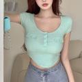 Women Summer T-Shirt, Solid Color Buttons Round-Neck Short Sleeve Crop Tops for Girls, Green/White. 