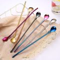 Round Threaded Straws 2 In 1 Stainless Steel Straw Spoon Reusable Straw Tableware Home Beverage Stirring Spoon Long Handle Dessert Coffee Spoon. 