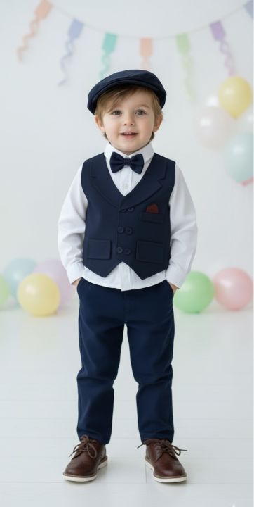 MOST DEMANDING Royal blue 5pcs party dress for 6 month to 7 years kids with full sleeves shirt , full pant , vest and bow tie and cap