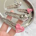 Y2K Exquisite Elegant Metal Wave Duckbill Hair Clips/ Versatile Pink Heart Rhinestone Side Bangs Hair Ornament. 