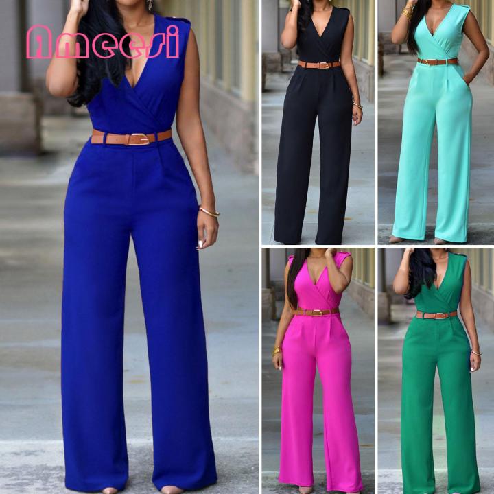 Office Jumpsuit Breathable Straight Pants with Belt Women Rompers