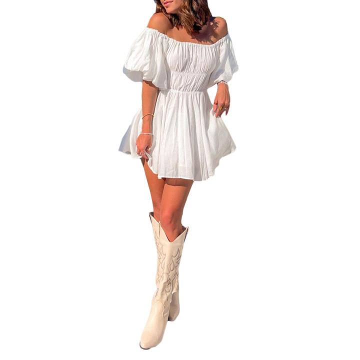 Women Casual Summer Dress Solid Color Elegant Short Puff Sleeve Off-shoulder  Tunic Dress for Party