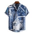 Vintage Men's Shirts Ethnic Style Printing Lattice Casual Streetwear Stand Collar Short Sleeve Loose Hawaiian Shirt Mens Summer.