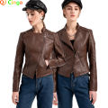 Brown Short Long Sleeve PU Coat Women Fashion Motorcycle Women Leather Jacket Spring and Autumn New Lady's Jaqueta.