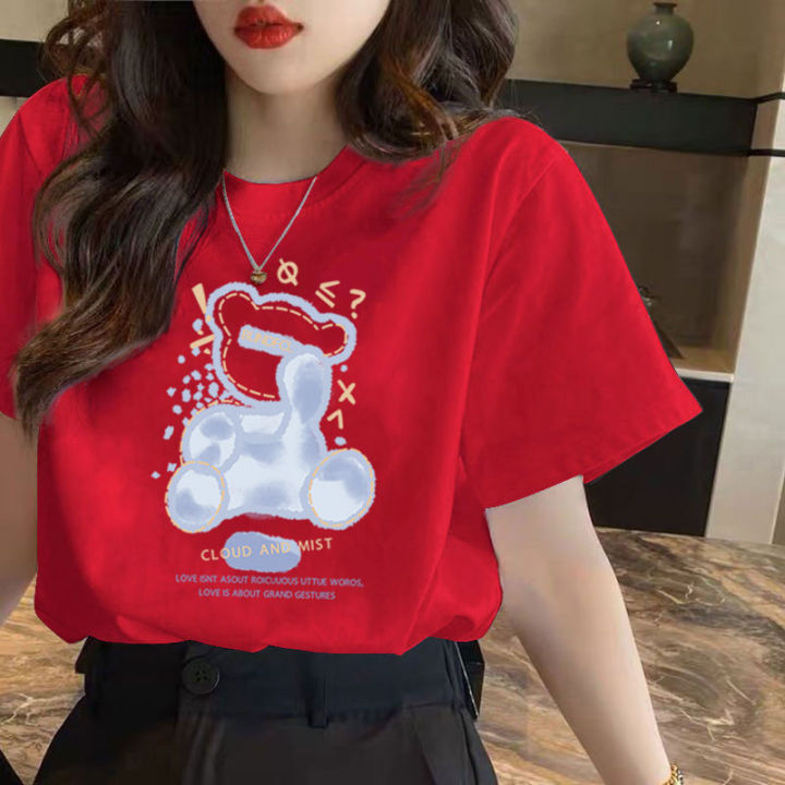 138%20Korean%20Style%20Short%20Sleeve%20T%20T-shirt%20Women's,%20Blue%20Bottoming%20Top%20round%20Neck%20Loose%20Casual%20New%20Bear%20Printed%20Summer%20T-shirt%20-%20Image%207