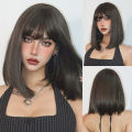 Straight Bob Synthetic Wigs Dark Brown Hair with Bangs for Women Shoulder Length Wig Daily Use Heat Resistant Korean Hairstyle. 