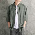 linen shirt men's solid color shirt loose men's Chinese style summer cotton linen men's casual jacket seven rui silver. 