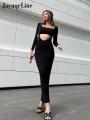 Jacqueline 2022 Cut Out Bodycon Maxi Dress Women Long Sleeve Square Neck Basic Elegant Party Dresses Summer Black Robe Club. 
