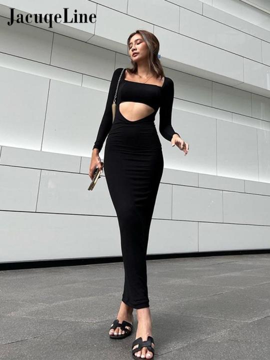 Jacqueline%202022%20Cut%20Out%20Bodycon%20Maxi%20Dress%20Women%20Long%20Sleeve%20Square%20Neck%20Basic%20Elegant%20Party%20Dresses%20Summer%20Black%20Robe%20Club%20-%20Image%203
