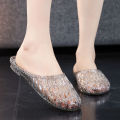 Fashionable crystal slippers for women's transparent sandals, women's hollow soft anti-odor flat heel, bath bathroom anti-slip shoes.