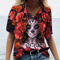 Women T shirt skull face vintage tops V neck casual cotton short sleeve pullovers summer female Harajuku punk streetwear tops.